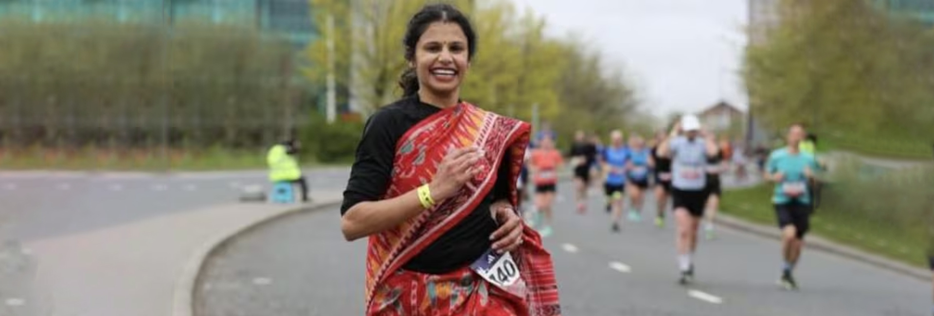 Indian origin woman runs Manchester marathon wearing a sar
