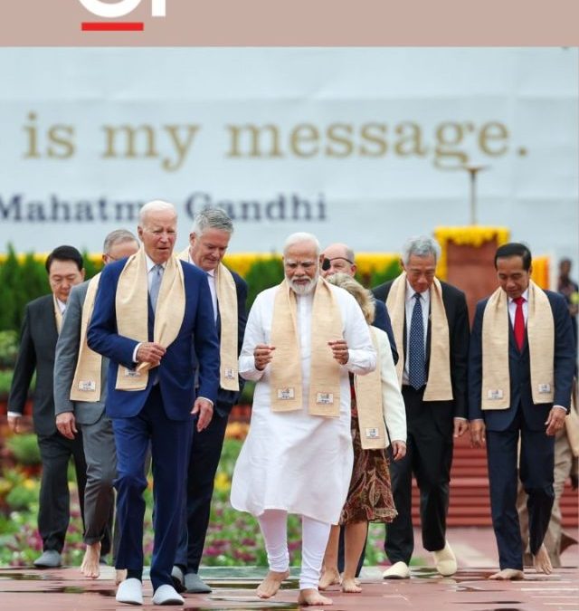 G-20 leaders paid respects to Mahatma Gandhi at Rajghat.