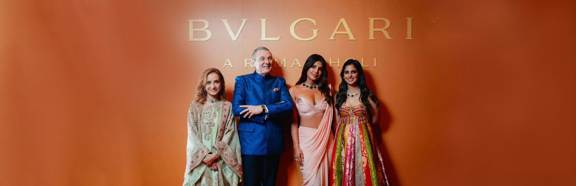 Isha Ambani and Priyanka Chopra with Jean Christophe Babin, CEO and Lucia Silversti, Creative Director Jewellery, Bulgari at an event