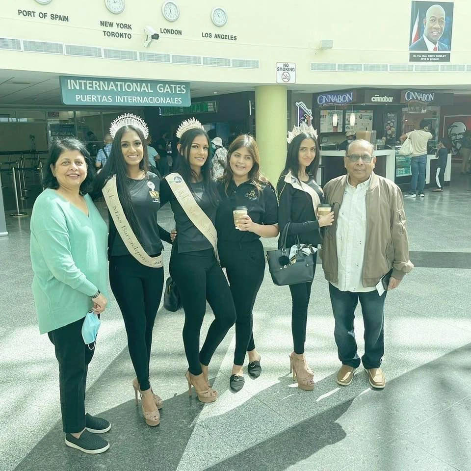 At Trinidad airport on way back to New York. The three winners of Miss/Mrs./Teen India Trinidad along with the Chief Organizer Neha Karina