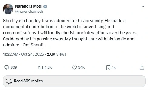 Narendra Modi mourns passing away of Piyush Pandey