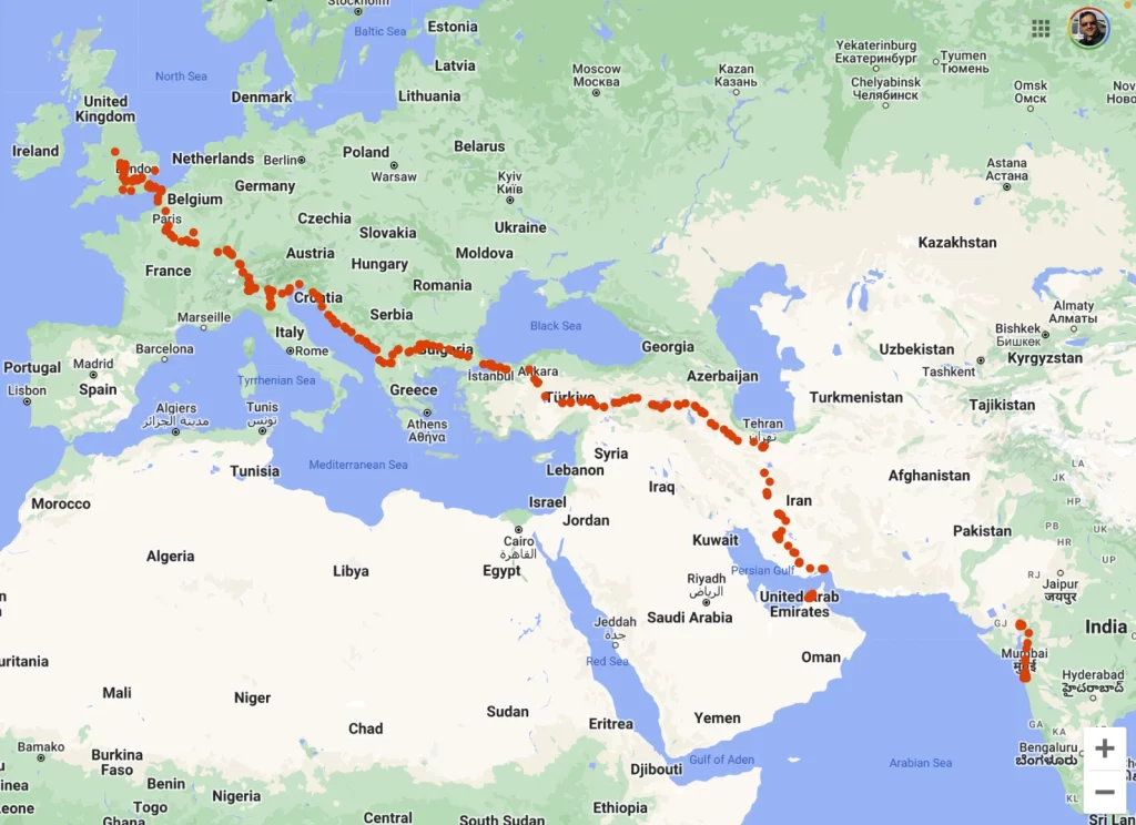 The route covered by Daman Thakore and Family in their Ahmedabad to UK expedition