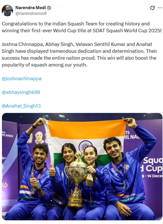 Narendra Modi Tweet on Squash World Cup